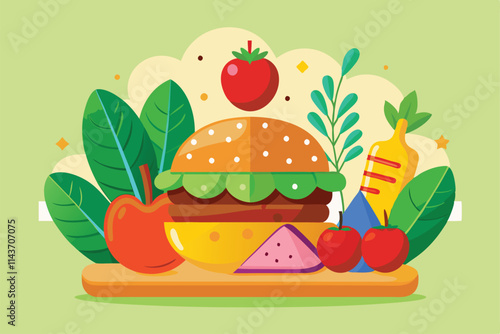 A vibrant vegan meal displays a burger surrounded by fresh fruits and vegetables arranged on a platter Vegan food with customizable semi-flat illustration.