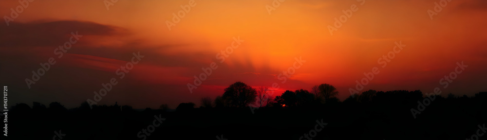 Fototapeta premium Silhouetted trees against a vibrant orange and red sunset. The sun dips below the horizon, casting long shadows. Dramatic sky with fiery hues. Natures beauty at dusk.