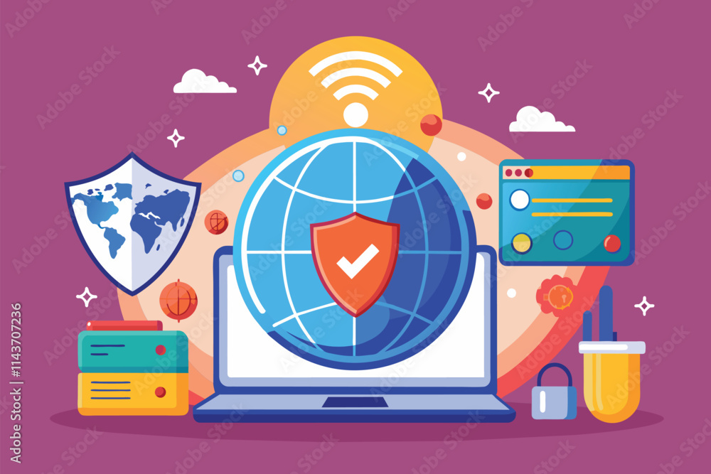 A globe and laptop with security icons, emphasizing the importance of VPN protection VPN illustration in flat style. A globe and laptop with security icons, emphasizing the importance of VPN protection VPN illustration in flat style.