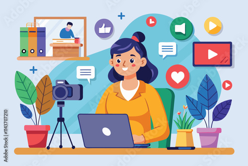 A vlogger participates in a live streaming session, interacting enthusiastically with viewers Vlogger live streaming with social media icons, simple illustration.