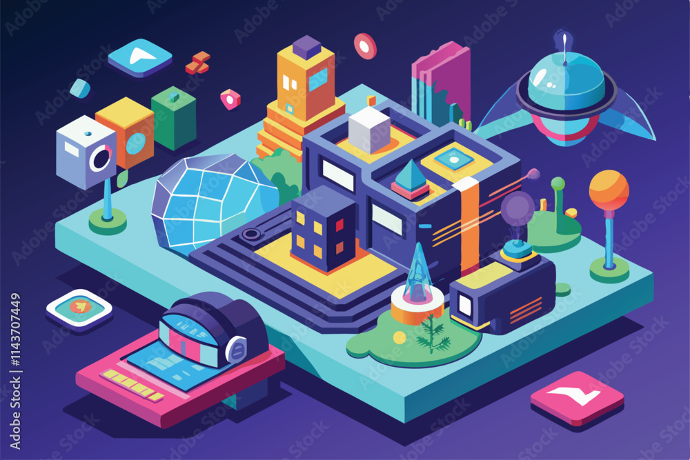 Explore a vibrant isometric landscape filled with futuristic buildings and customizable virtual elements VR Customizable Isometric Illustration Explore a vibrant isometric landscape filled with futuristic buildings and customizable virtual elements VR Customizable Isometric Illustration