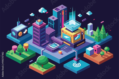 An engaging isometric visualization depicts a futuristic urban area with technology, greenery, and colorful buildings VR Customizable Isometric Illustration