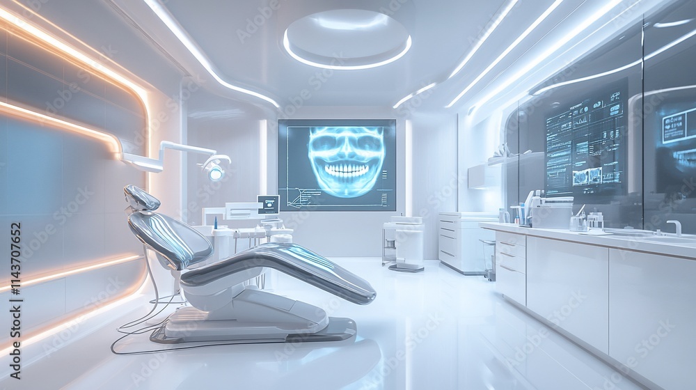 A modern dental clinic with advanced technology and a patient chair. A modern dental clinic with advanced technology and a patient chair.