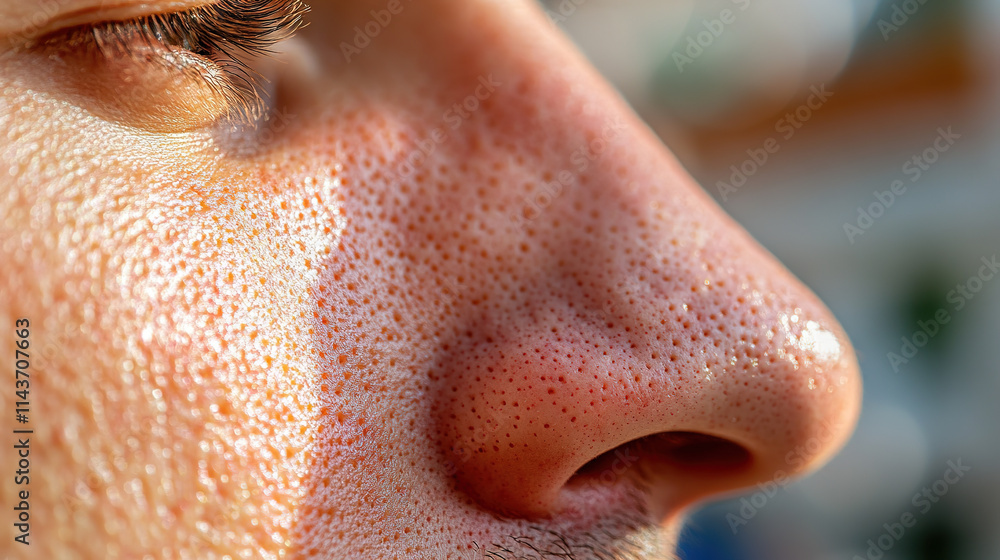 Naklejka premium Close up of red irritated nose, emphasizing the discomfort and struggle of allergies or cold symptoms, highlighting the human vulnerability and resilience in the face of common ailments.