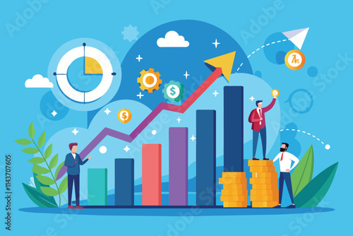 This illustration depicts professionals analyzing charts and graphs representing business growth Watch business growth through a flat illustration.