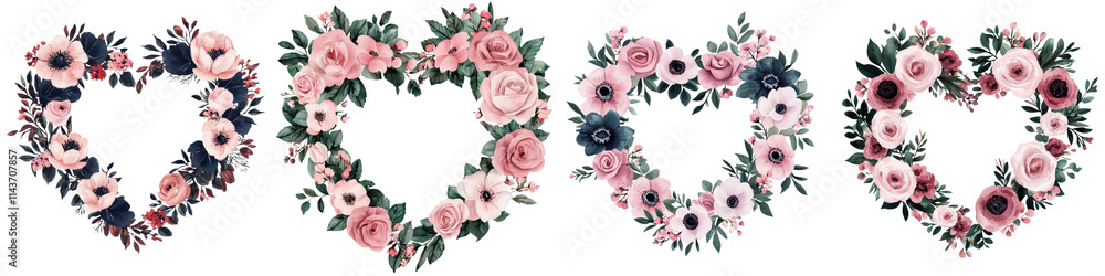 Elegant and romantic floral heart wreath bouquet made of pink roses red flowers and green foliage Beautiful arrangement for wedding Valentine s Day anniversary or other special occasion Elegant and romantic floral heart wreath bouquet made of pink roses red flowers and green foliage Beautiful arrangement for wedding Valentine s Day anniversary or other special occasion