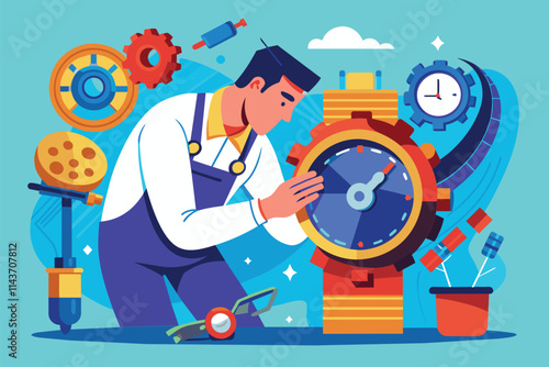 A watch repairman diligently fixes a flat watch while surrounded by various tools and gears in his workshop Watch repairman fixing a flat illustration.
