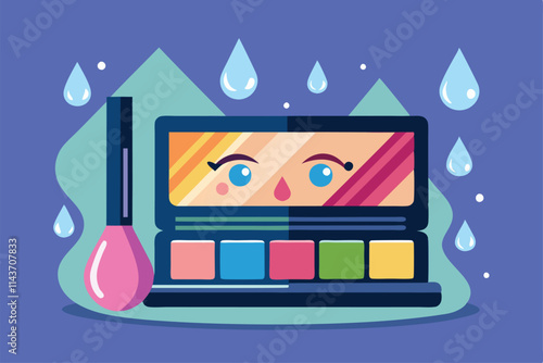 A vibrant waterproof makeup palette and liquid applicator are showcased on a blue backdrop Waterproof makeup with customizable flat illustration.