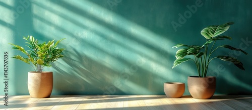 Two potted plants on a wooden floor with a turquoise wall and sunlight coming through the window.