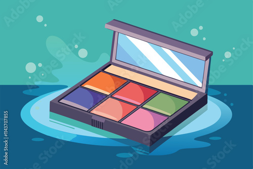A vibrant makeup palette featuring various shades rests on a watery surface, showcasing its waterproof quality Waterproof makeup with customizable semi-flat illustration.