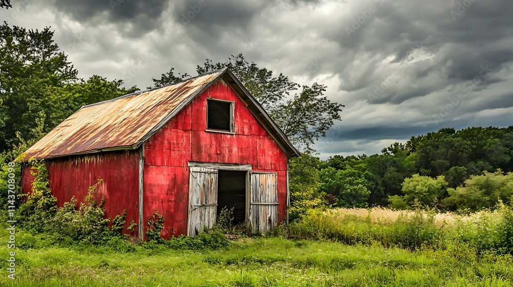 Rustic Red Barn Under Stormy Sky. Concept of rural Americana, weathered charm, and nature's power. Rustic Red Barn Under Stormy Sky. Concept of rural Americana, weathered charm, and nature's power.
