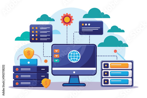 This illustration depicts web hosting services with servers, cloud connections, and global network access Web hosting, simple illustration