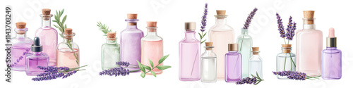 Assortment of various lavender infused essential oil bottles and jars displayed on a rustic wooden background The scene showcases the natural organic