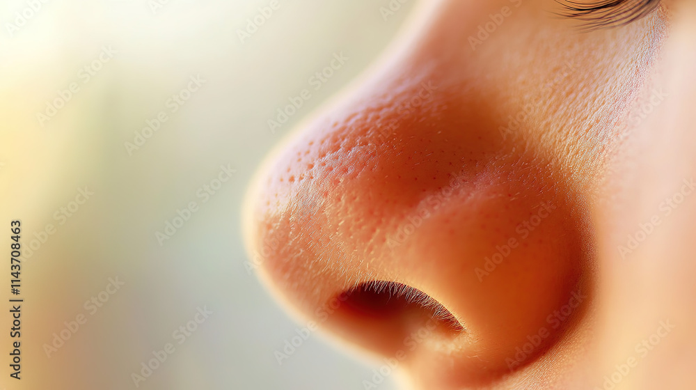 Fototapeta premium Close up of red irritated nose, emphasizing the discomfort and struggle of allergies or cold symptoms, highlighting the human vulnerability and resilience in the face of common ailments.