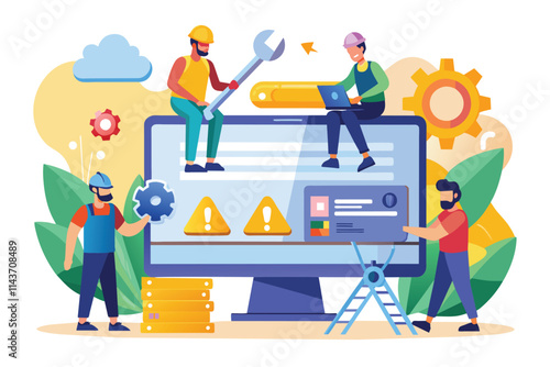 Two workers fix a website on a large screen while others use tools and gear to assist with repairs Website being repaired by workers, flat illustration.