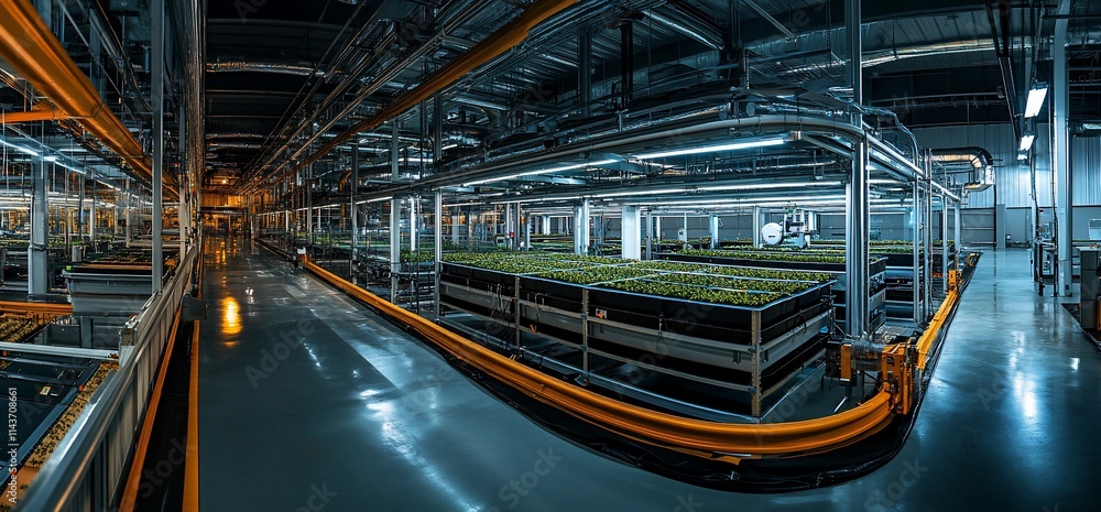 A modern indoor facility for growing plants with automated systems and organized layout. A modern indoor facility for growing plants with automated systems and organized layout.