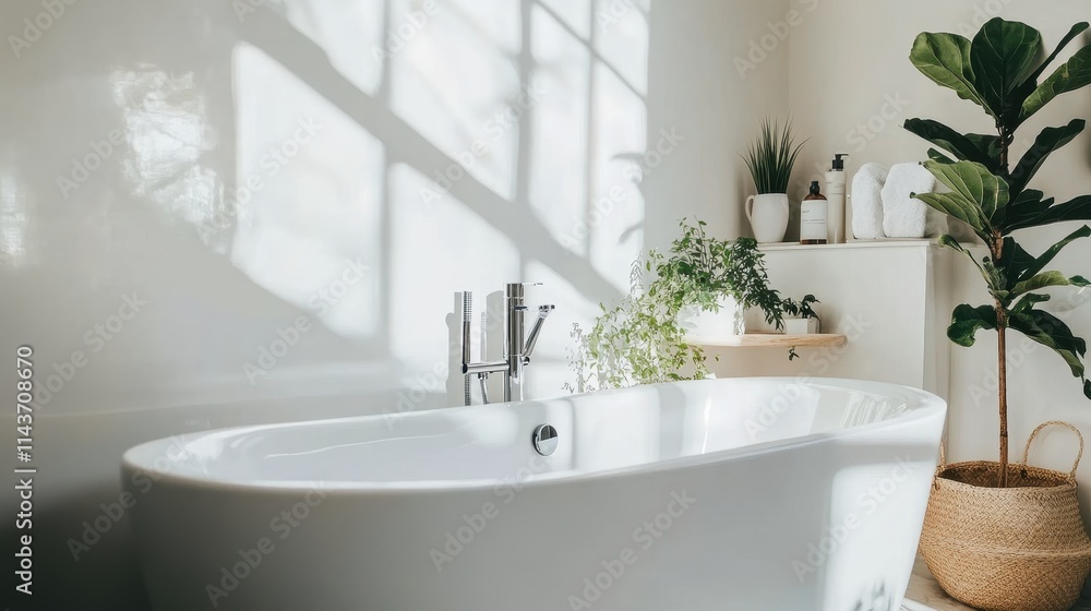 Modern Bathroom Freestanding Tub with Plants and Sunlight Modern Bathroom Freestanding Tub with Plants and Sunlight