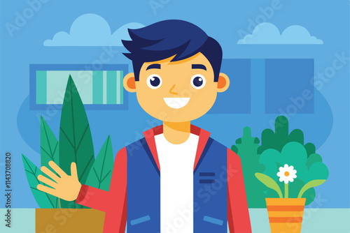 A cheerful young man stands by various houseplants, inviting viewers to enjoy a colorful indoor space Welcome to Customizable Flat Illustration