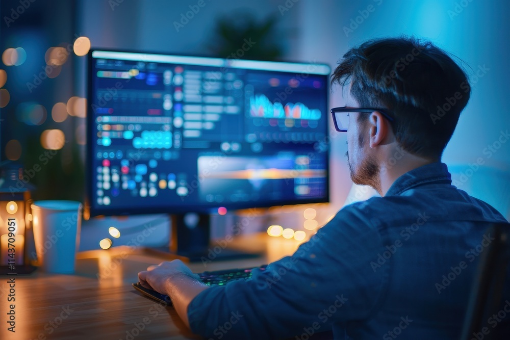 A focused individual working on a computer screen displaying data analytics in a dimly lit room with ambient light. A focused individual working on a computer screen displaying data analytics in a dimly lit room with ambient light.
