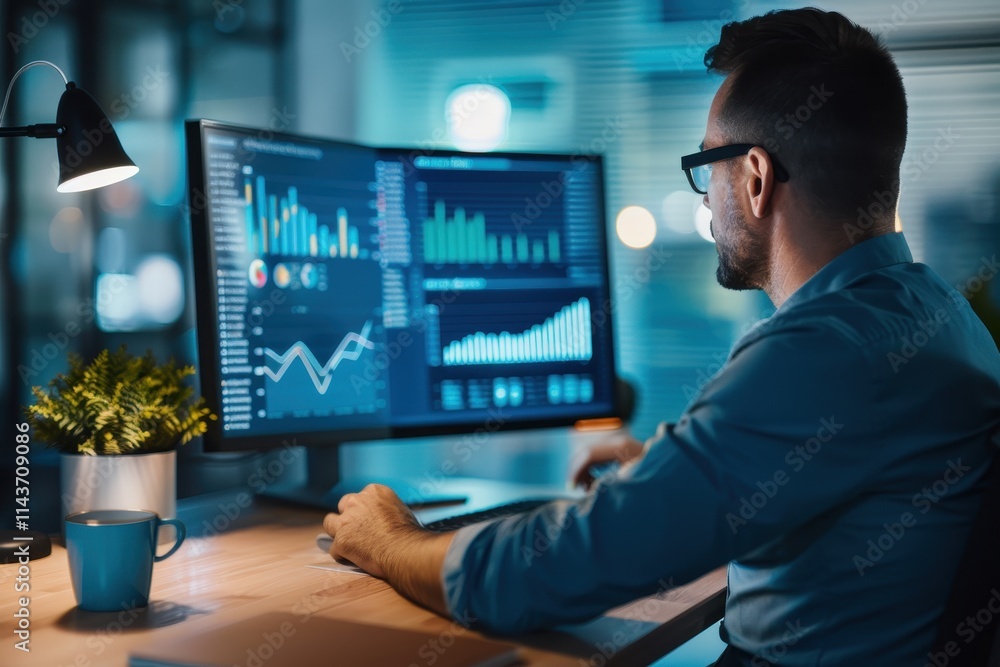 A focused individual analyzes data on a computer screen in a modern, dimly lit workspace, surrounded by greenery. A focused individual analyzes data on a computer screen in a modern, dimly lit workspace, surrounded by greenery.