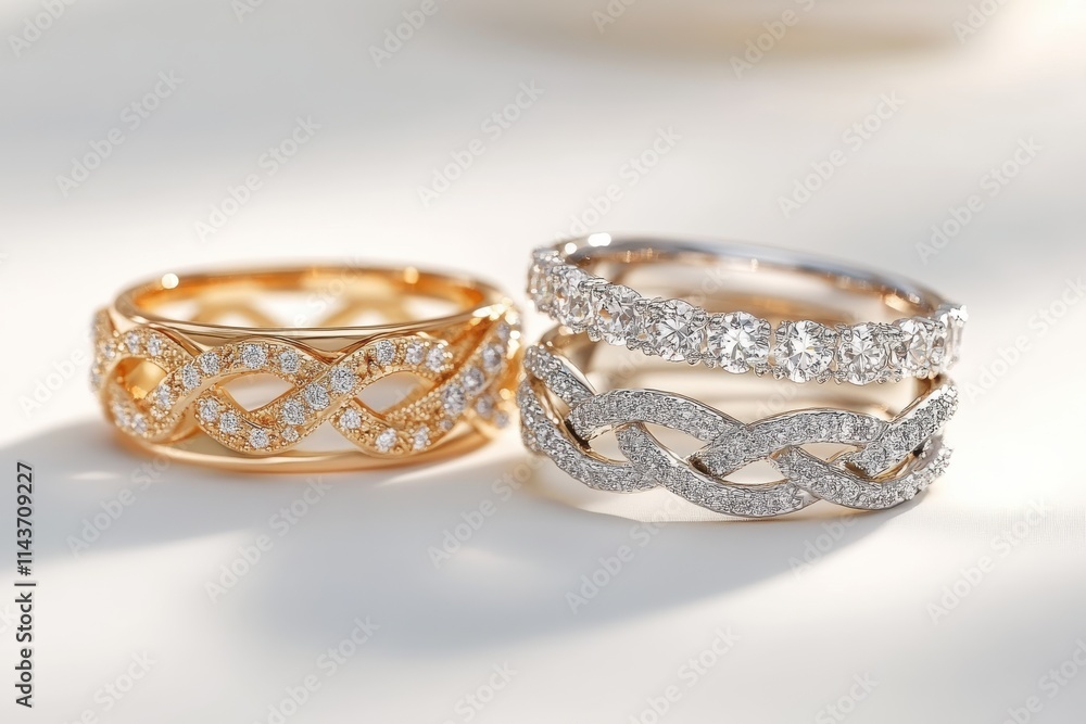 Three wedding bands one gold and two with diamond embellishments Three wedding bands one gold and two with diamond embellishments