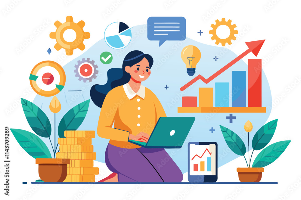 A woman examines business growth data on her laptop while surrounded by charts and plants in a bright workspace Woman analyzing business growth, flat illustration. A woman examines business growth data on her laptop while surrounded by charts and plants in a bright workspace Woman analyzing business growth, flat illustration.