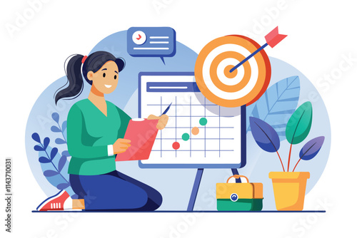 A woman kneels while organizing her weekly schedule and tracking goals on a chart with confidence Woman creating schedule target, flat illustration.