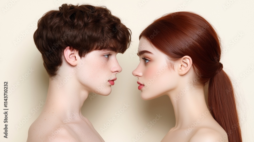 Two young individuals face each other, emphasizing their distinct facial features and expressions. They both have youthful skin tones, styled hair, and are set against a soft, neutral backdrop Two young individuals face each other, emphasizing their distinct facial features and expressions. They both have youthful skin tones, styled hair, and are set against a soft, neutral backdrop