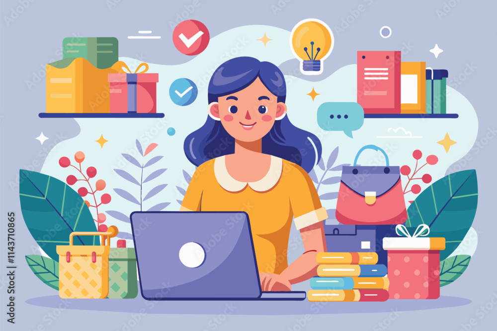 A woman engages in online shopping for promotional items, surrounded by colorful stationery and planning tools Woman purchasing promotional items online, illustrated in a flat style. A woman engages in online shopping for promotional items, surrounded by colorful stationery and planning tools Woman purchasing promotional items online, illustrated in a flat style.