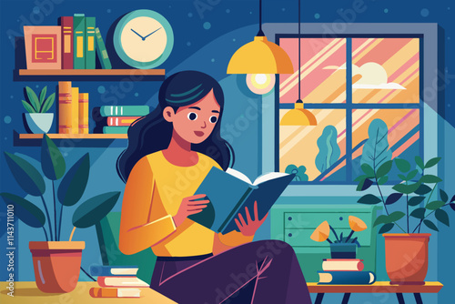 A woman sits comfortably at home, absorbed in a book, surrounded by houseplants and a warm ambiance Woman reading book at home.