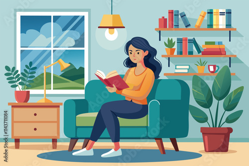 A woman sits on a green sofa, absorbed in a book, while surrounded by plants and shelves filled with books Woman reading book at home.