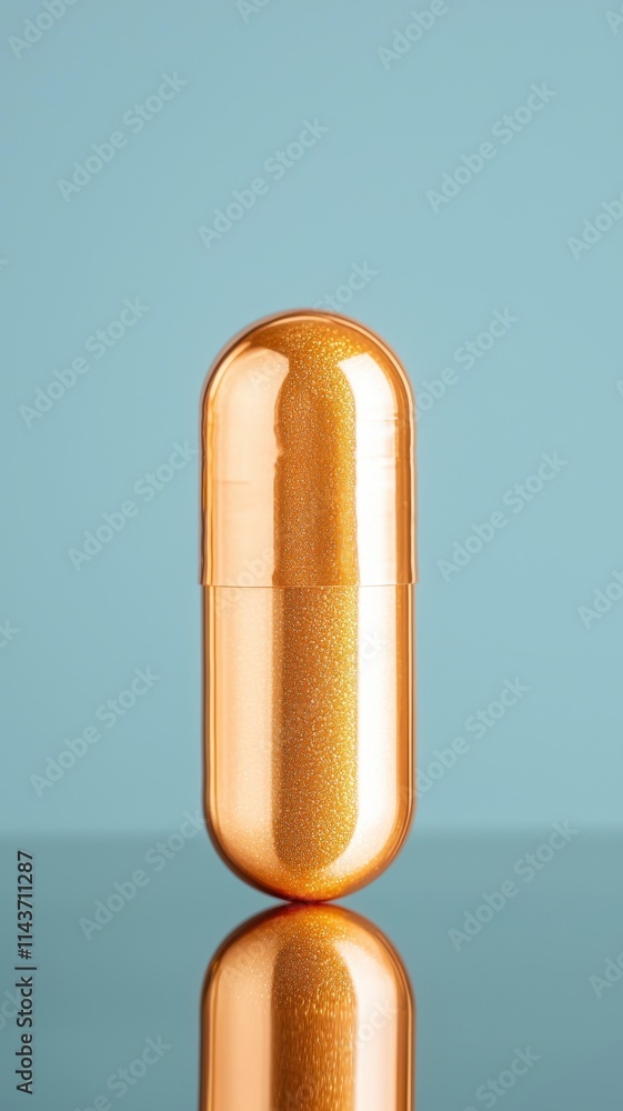 supplement protection formula concept. Shiny orange capsule on a reflective surface against a blue background supplement protection formula concept. Shiny orange capsule on a reflective surface against a blue background