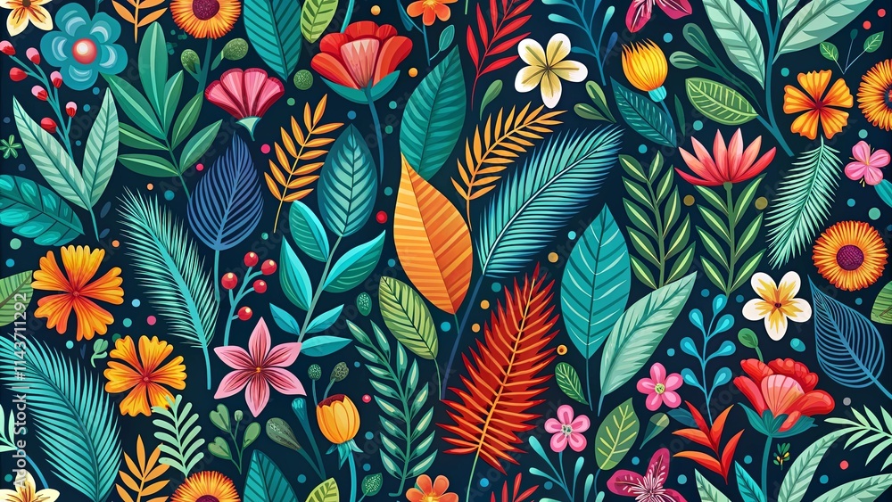 Vibrant Tropical Floral Pattern with Lush Foliage and Exotic Blooms Vibrant Tropical Floral Pattern with Lush Foliage and Exotic Blooms