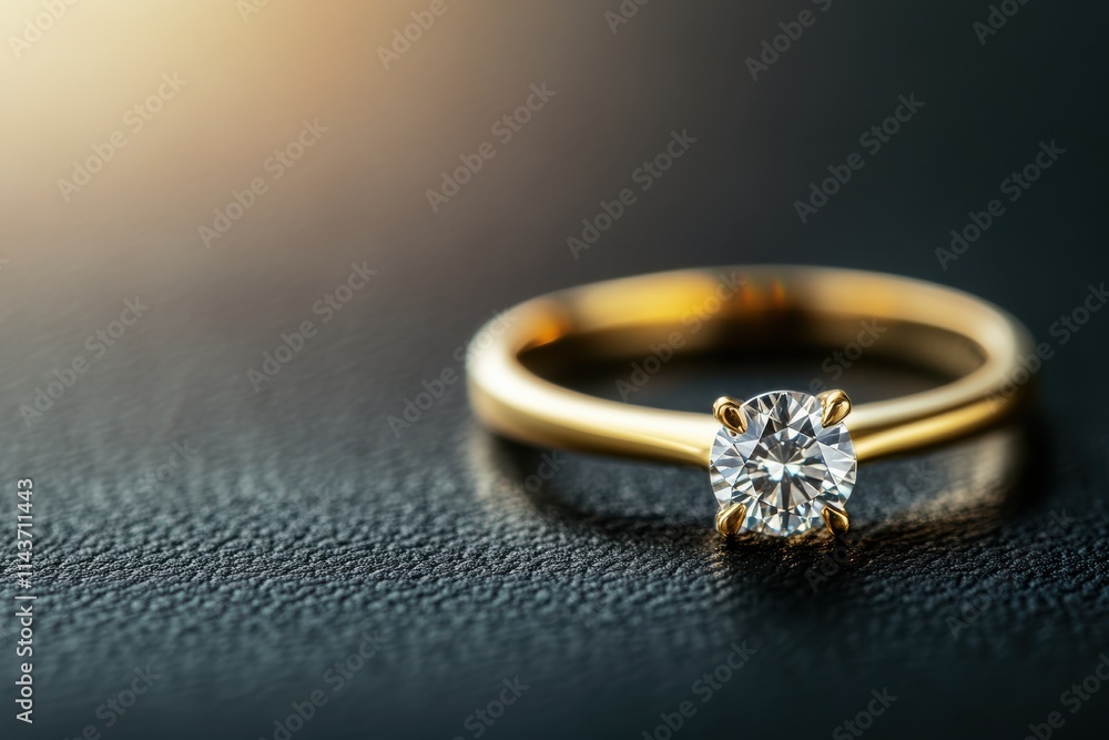 A close-up angled view of a classic gold engagement ring with a round-cut solitaire diamond A close-up angled view of a classic gold engagement ring with a round-cut solitaire diamond