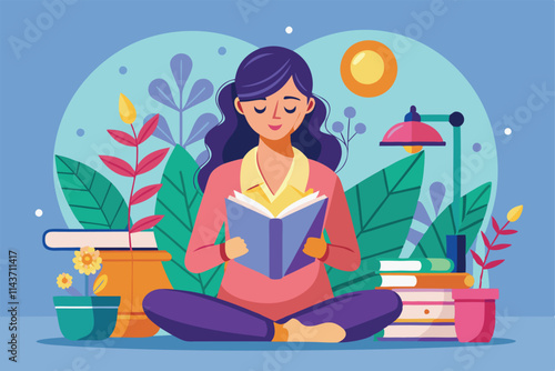 A woman enjoys reading a book while sitting cross-legged in a brightly lit, plant-filled space Woman reading customizable illustration