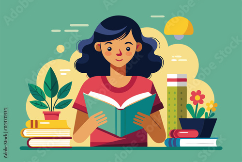 A woman smiles as she reads a book surrounded by vibrant plants and various books on a table Woman reading customizable illustration