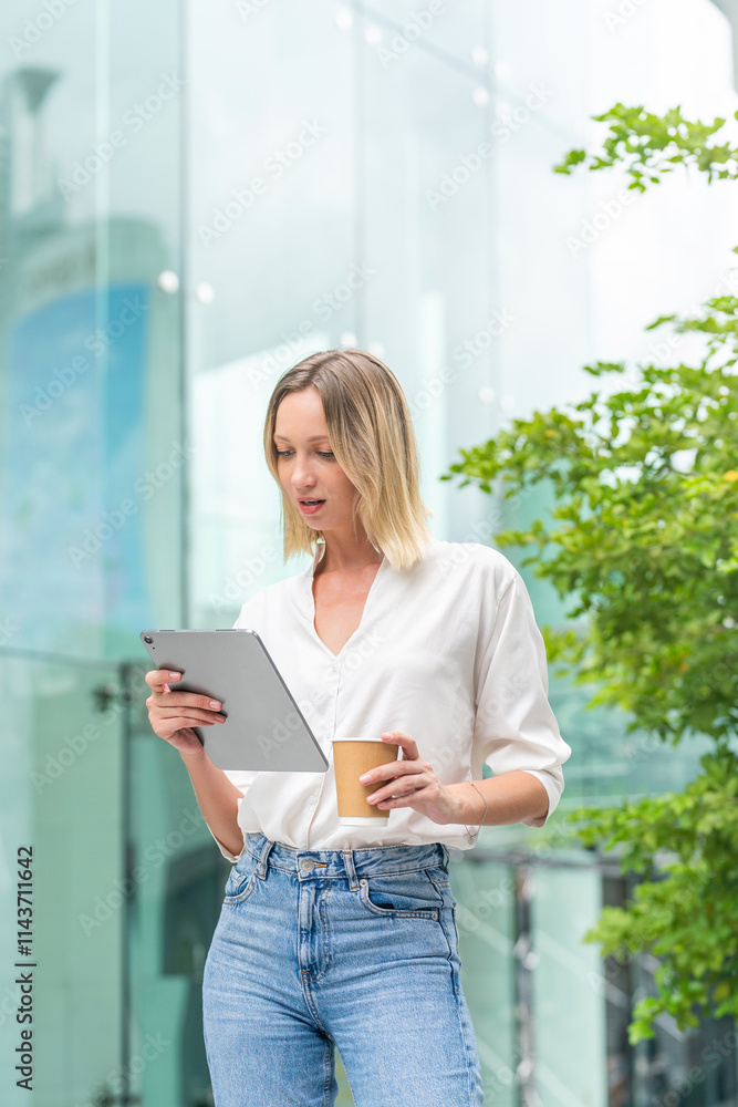 Fototapeta premium Caucasian Woman with Tablet While Having a Cup of Coffee In Front a Modern Glass Office Building