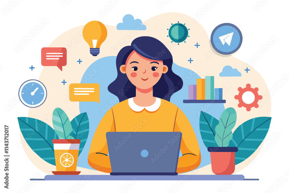 The woman is focused on her laptop, actively running her online business with creative elements around her Woman running online business, flat illustration The woman is focused on her laptop, actively running her online business with creative elements around her Woman running online business, flat illustration