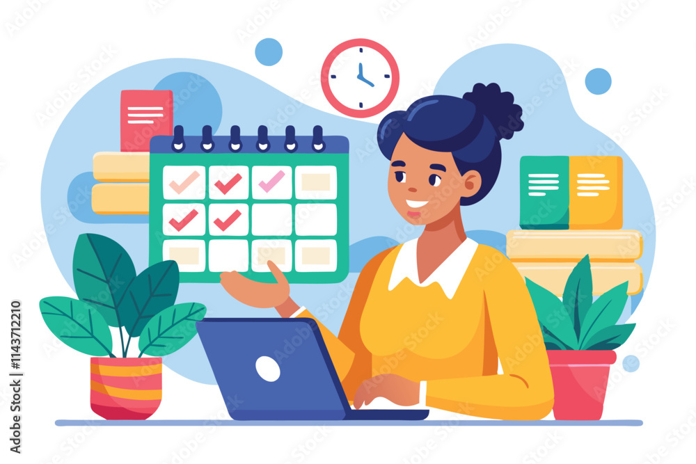 A woman happily organizes her schedule using a calendar while sitting at her laptop in a neat office Woman schedules time, flat image. A woman happily organizes her schedule using a calendar while sitting at her laptop in a neat office Woman schedules time, flat image.