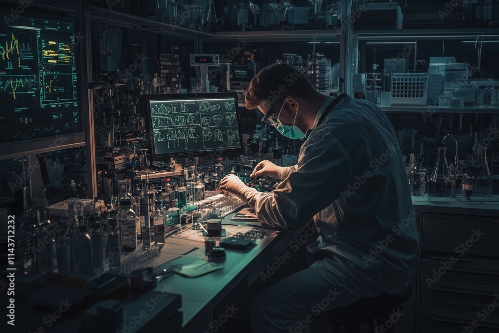 A focused individual works meticulously in a dimly lit lab, surrounded by tools and equipment, showcasing a high-tech research environment. A focused individual works meticulously in a dimly lit lab, surrounded by tools and equipment, showcasing a high-tech research environment.