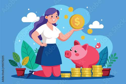 A woman smiles, saving coins in a piggy bank among plants and coin stacks, promoting financial wellness Woman saving money in piggy bank, flat illustration.