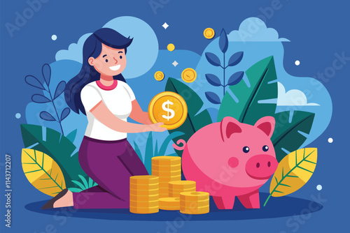 A woman kneels beside a piggy bank, joyfully adding coins while surrounded by lush greenery Woman saving money in piggy bank, flat illustration.