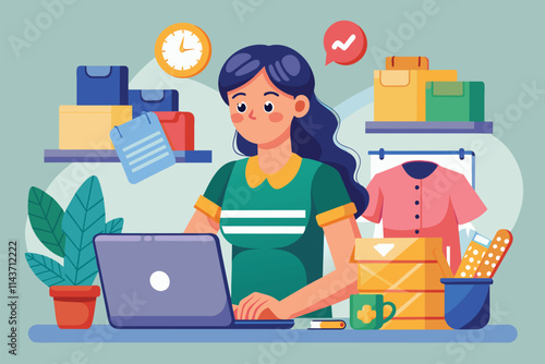 A woman is actively engaged in online selling from her organized workspace surrounded by products Woman selling online, flat illustration