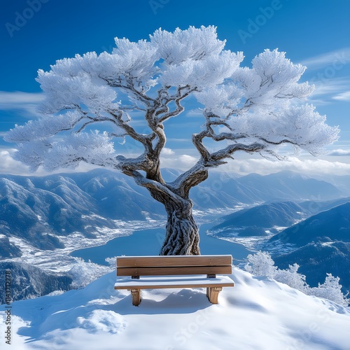 Snowy mountain vista with frost-covered tree and bench. photo