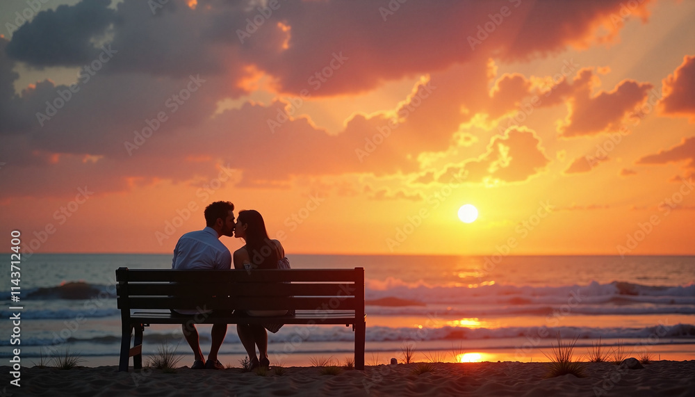 Couple sharing a kiss on a bench, enjoying the sunset by the beach Couple sharing a kiss on a bench, enjoying the sunset by the beach