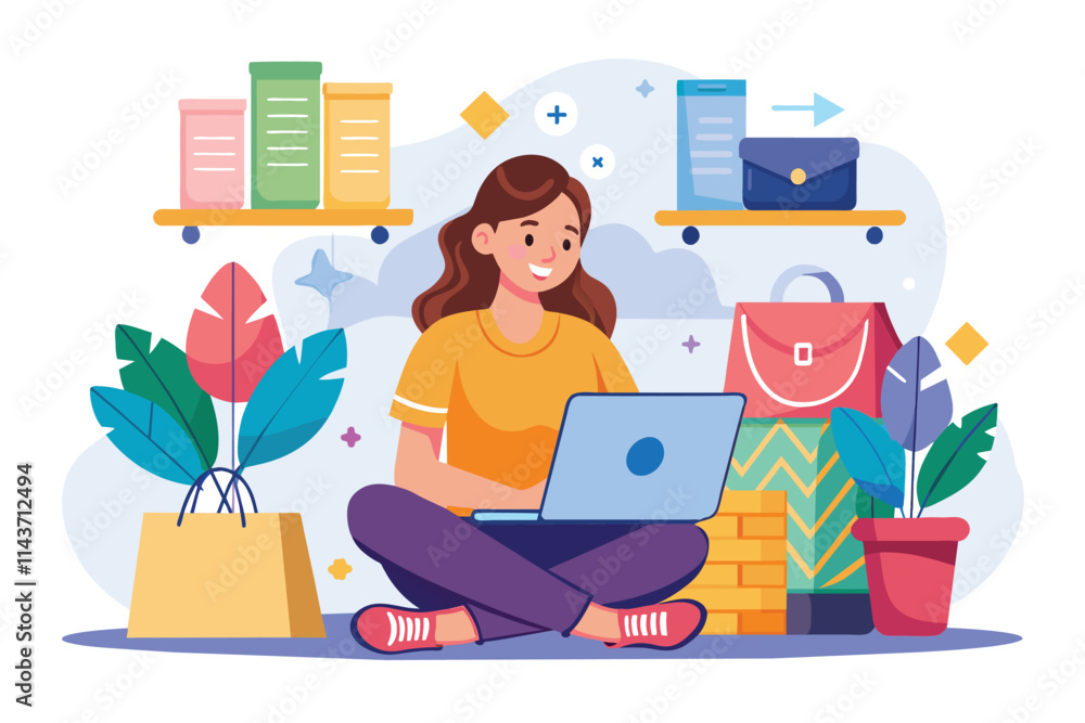 A woman sits comfortably on the floor, browsing her laptop for online shopping while surrounded by bags and plants Woman shopping online, flat illustration A woman sits comfortably on the floor, browsing her laptop for online shopping while surrounded by bags and plants Woman shopping online, flat illustration