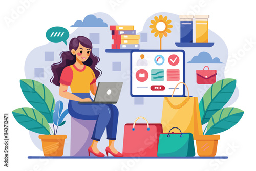 A woman sits comfortably using her laptop for online shopping while surrounded by colorful bags and plants Woman shopping online, flat illustration