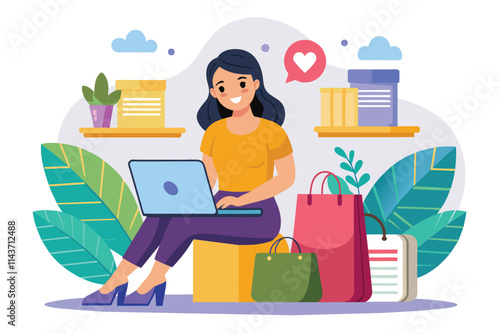 A woman sits comfortably with her laptop, browsing online shopping options while surrounded by shopping bags Woman shopping online, flat illustration
