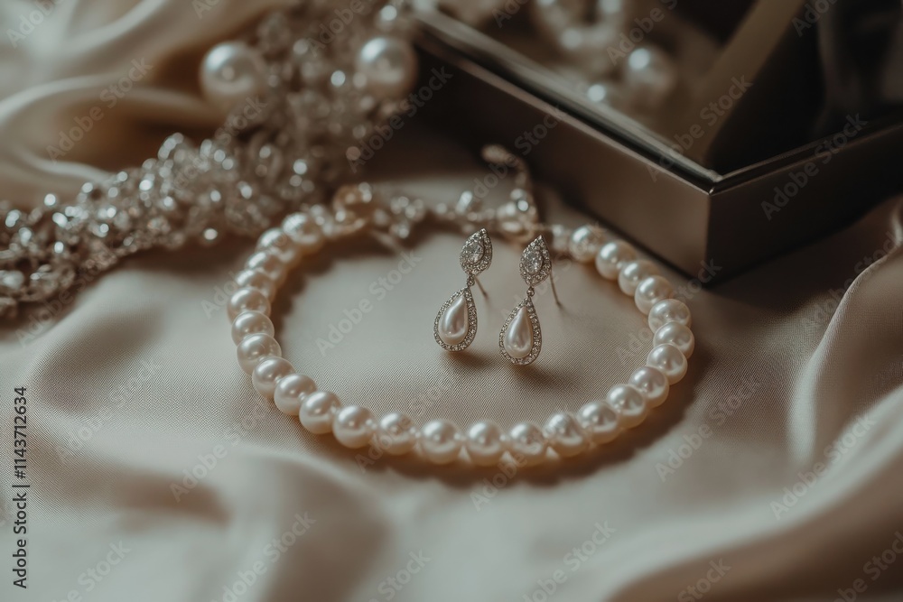 A close-up angled view of a pearl necklace and matching drop earrings arranged on a beige satin fabric A close-up angled view of a pearl necklace and matching drop earrings arranged on a beige satin fabric