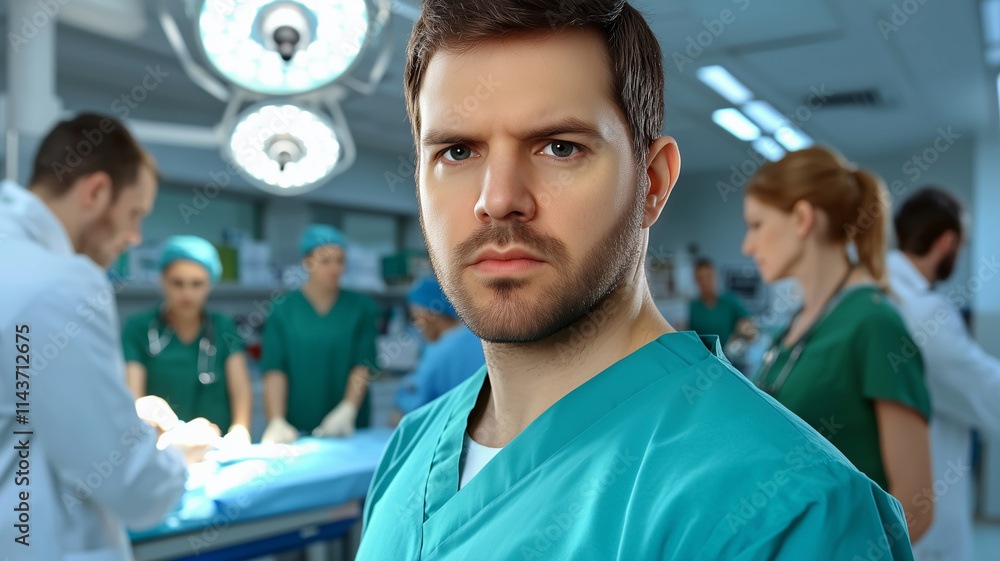 Surgeon in operating room with medical team in background.
Surgeon in operating room with medical team in background.